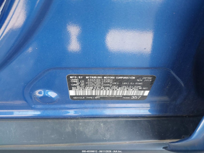 2019 Mitsubishi VIN JA4AR3AU7KU016246 IAAI salvage auction — FRONT END, Salvage (Pennsylvania), sold $1,850 on 2026-07-10 (photo 9)