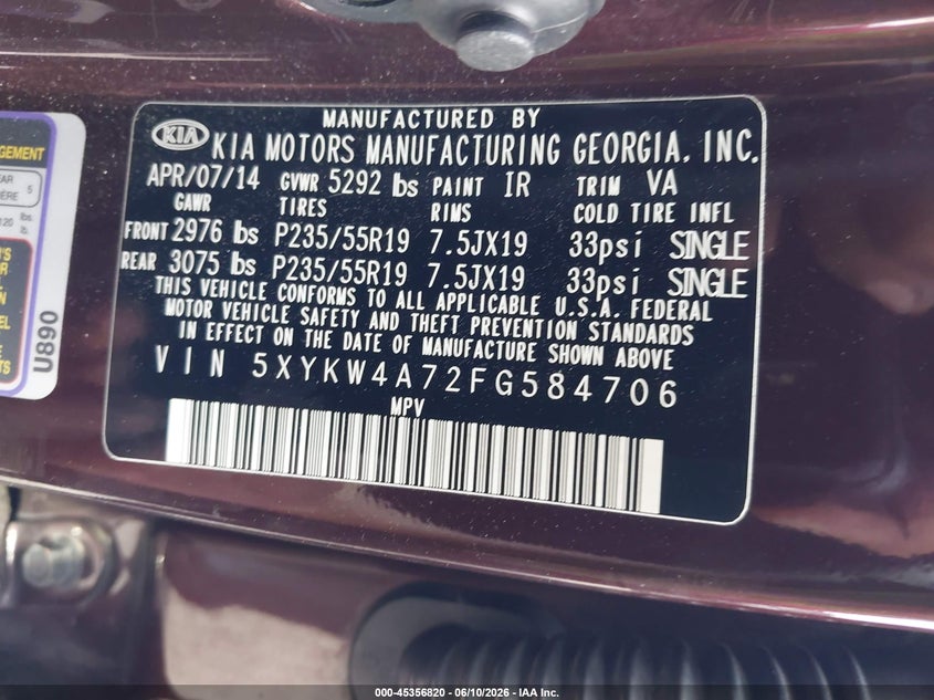 2015 Kia Sorento VIN 5XYKW4A72FG584706 IAAI salvage auction — FRONT & REAR, Salvage (North Carolina), sold $500 on 2026-07-16 (photo 9)