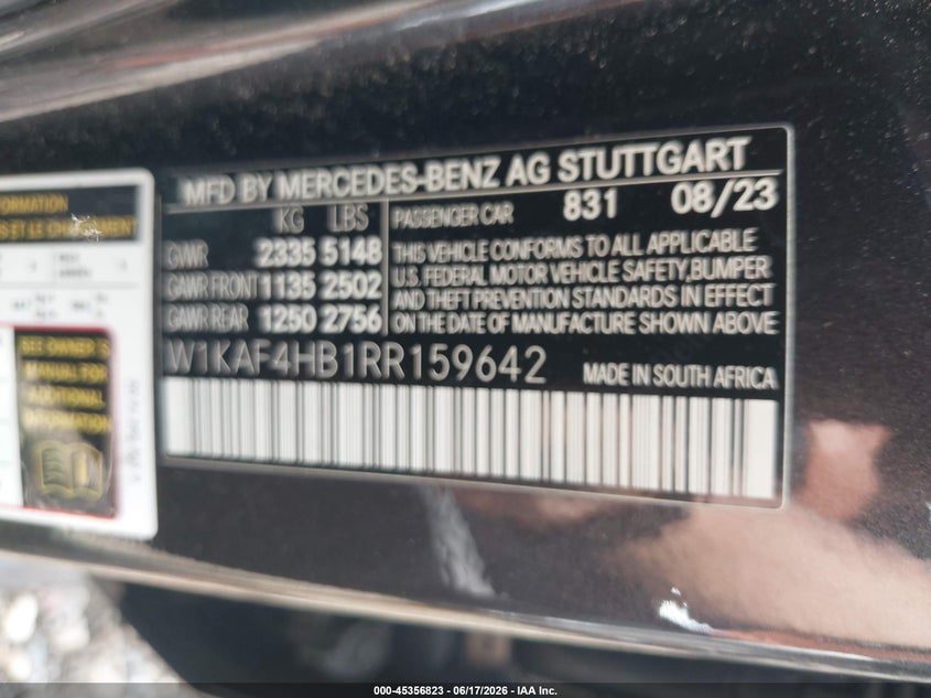2024 Mercedes-benz VIN W1KAF4HB1RR159642 IAAI salvage auction — LEFT FRONT, Salvage Title, sold $20,100 on 2026-07-28 (photo 9)