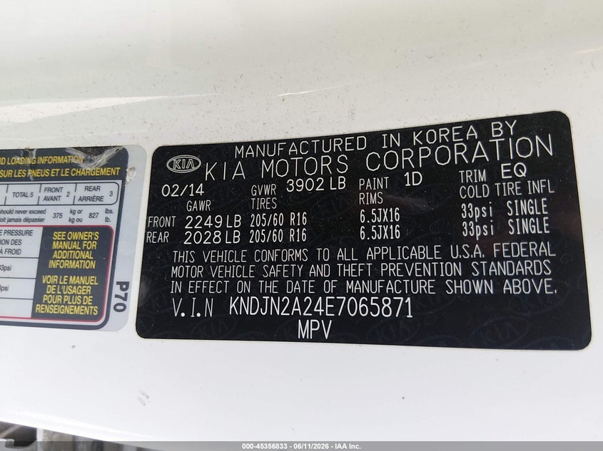 2014 Kia Soul VIN KNDJN2A24E7065871 IAAI salvage auction — FRONT END, Salvage - Greater Than 75% (Maryland), sold $425 on 2026-07-06 (photo 9)