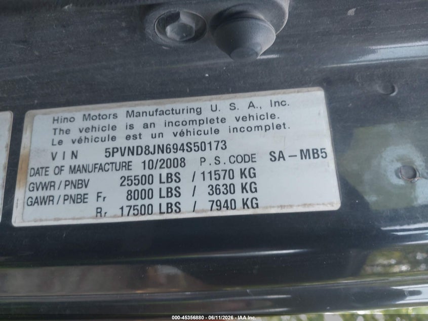 2009 Hino 258 VIN 5PVND8JN694S50173 IAAI salvage auction — NORMAL WEAR, Clear (Virginia), sold $11,750 on 2026-07-21 (photo 8)