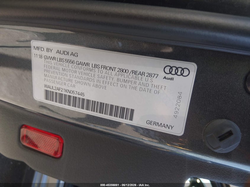 2019 Audi A6 VIN WAUL2AF21KN057445 IAAI salvage auction — FRONT END, Salvage (Illinois), sold $9,475 on 2026-07-28 (photo 9)