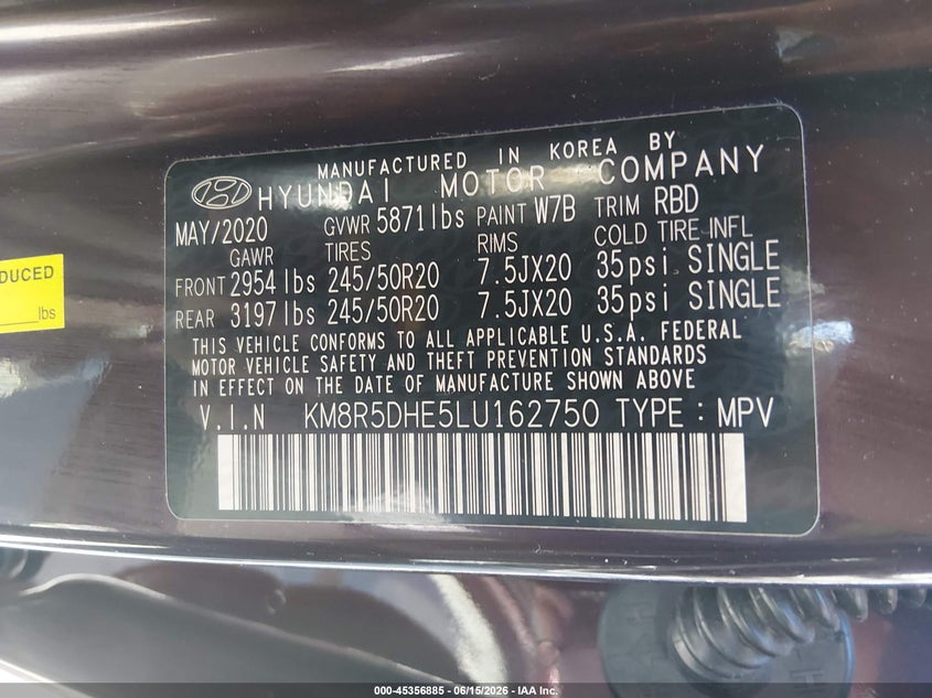 2020 Hyundai Palisade VIN KM8R5DHE5LU162750 IAAI salvage auction — FRONT END, Salvage (Ohio), sold $8,550 on 2026-07-14 (photo 9)