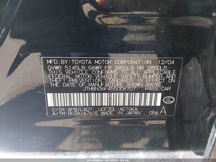 2005 Lexus Ls 430 VIN JTHBN36F455006707 IAAI salvage auction — FRONT END, Salvage (New Jersey), sold $900 on 2026-07-27 (photo 9)