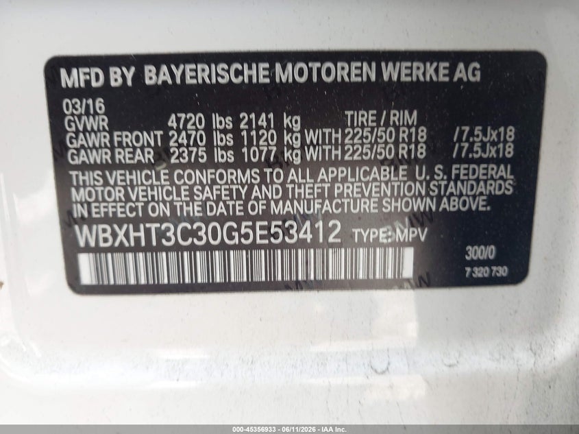 2016 BMW X1 VIN WBXHT3C30G5E53412 IAAI salvage auction — FRONT END, Salvage Title, sold $3,200 on 2026-07-30 (photo 9)