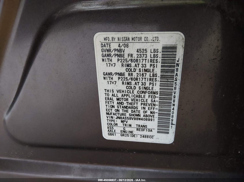 2008 Nissan Rogue VIN JN8AS58V98W408991 IAAI salvage auction — LEFT & RIGHT, Clear (Delaware), sold $225 on 2026-07-06 (photo 9)