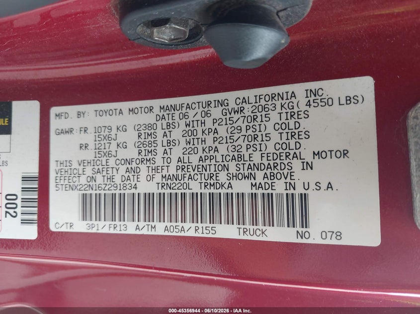 2006 Toyota Tacoma VIN 5TENX22N16Z291834 IAAI salvage auction — SUSPENSION, Rebuildable (Florida), sold $3,700 on 2026-07-06 (photo 9)