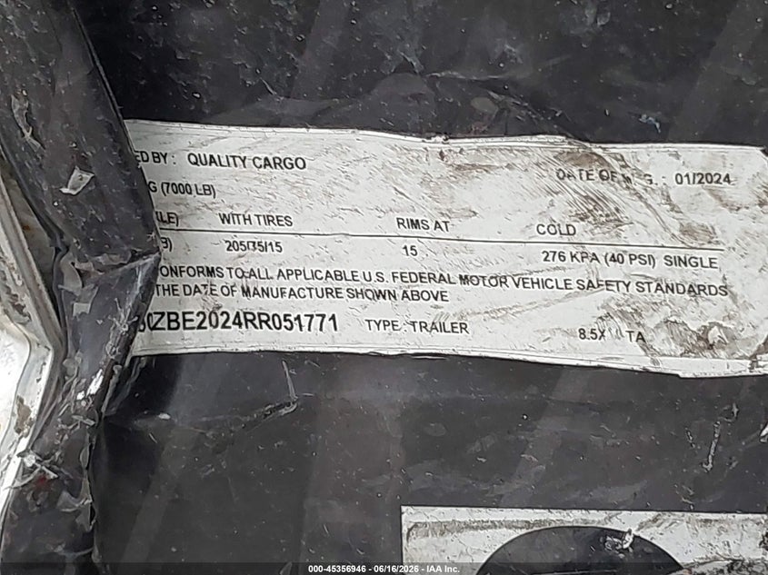 2024 Trailer Quality VIN 50ZBE2024RR051771 IAAI salvage auction — ALL OVER, Certificate Of Destruction (Florida), sold $25 on 2026-07-23 (photo 9)