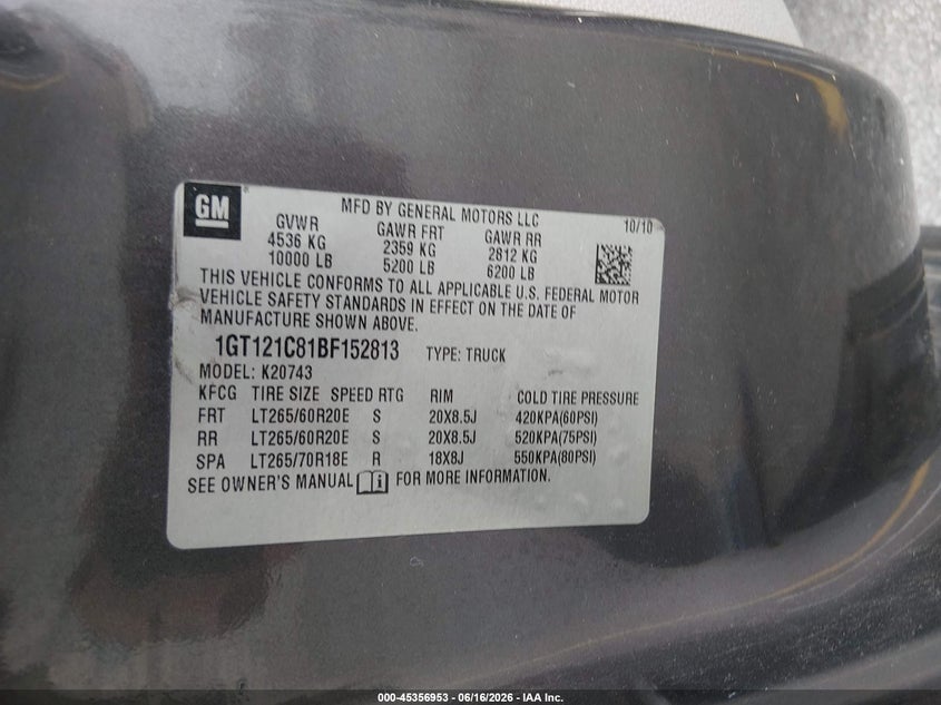 2011 Gmc SIERRA VIN 1GT121C81BF152813 IAAI salvage auction — FRONT END, Salvage (South Carolina), sold $6,000 on 2026-07-18 (photo 9)