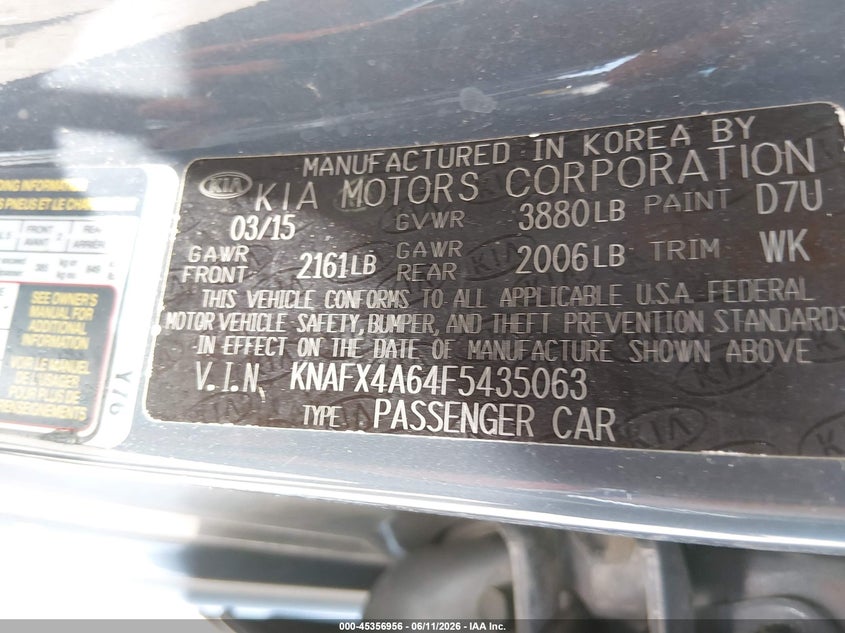2015 Kia Forte VIN KNAFX4A64F5435063 IAAI salvage auction — FRONT END, Clear (Indiana), sold $400 on 2026-07-18 (photo 9)