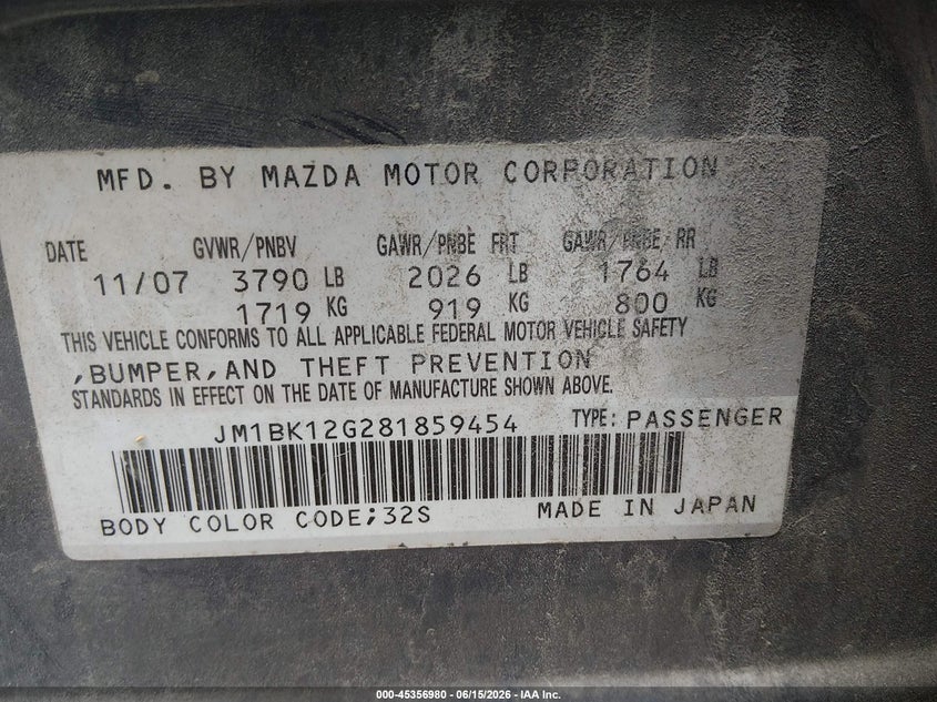 2008 Mazda 3 VIN JM1BK12G281859454 IAAI salvage auction — FRONT END, Salvage (North Carolina), sold $425 on 2026-07-08 (photo 9)