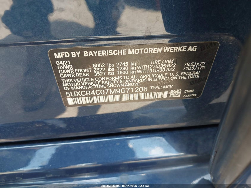 2021 BMW X5 VIN 5UXCR4C07M9G71206 IAAI salvage auction — FRONT END, Salvage (North Carolina), sold $16,600 on 2026-07-29 (photo 9)