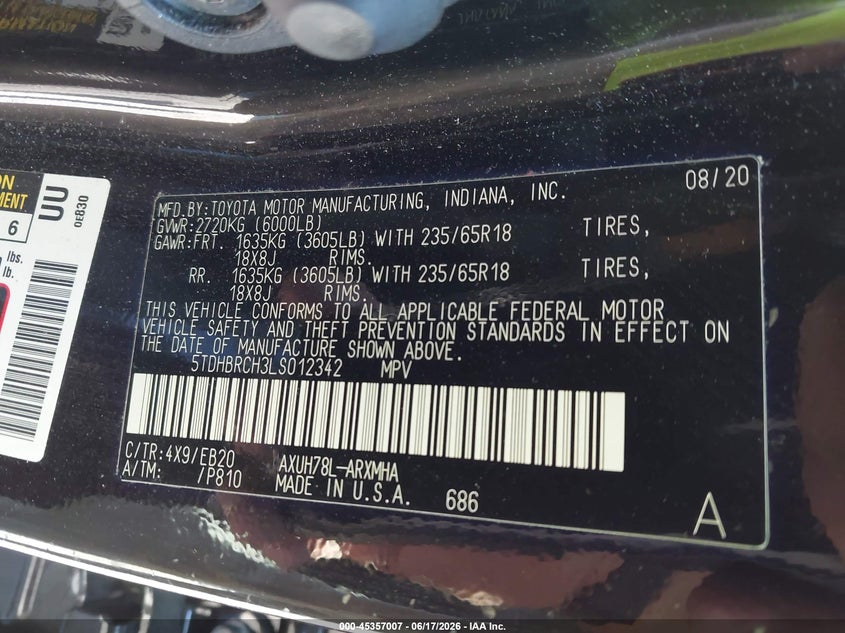 2020 Toyota Highlander VIN 5TDHBRCH3LS012342 IAAI salvage auction — FRONT END, Salvage (Virginia), sold $12,650 on 2026-07-07 (photo 9)