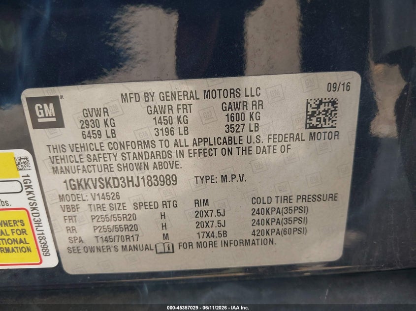 2017 Gmc VIN 1GKKVSKD3HJ183989 IAAI salvage auction — LEFT REAR, Salvage Title, sold $975 on 2026-08-28 (photo 9)