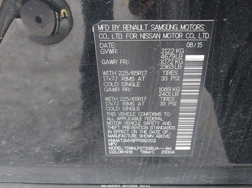 2015 Nissan Rogue VIN KNMAT2MV6FP592002 IAAI salvage auction — NORMAL WEAR, Clear (Virginia), sold $375 on 2026-07-21 (photo 9)