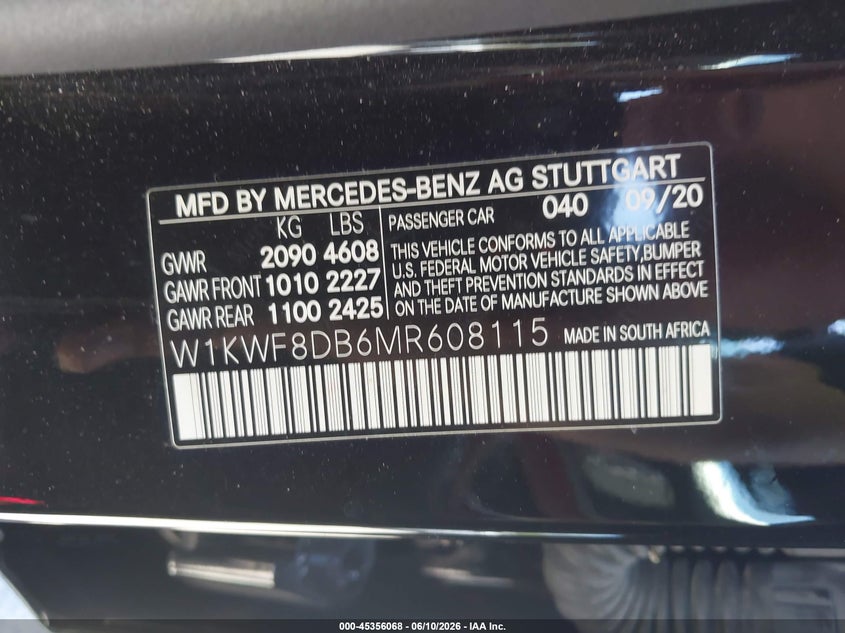 2021 Mercedes-benz C-klasse VIN W1KWF8DB6MR608115 IAAI salvage auction — FRONT END, Salvage (California), sold $7,050 on 2026-07-15 (photo 9)
