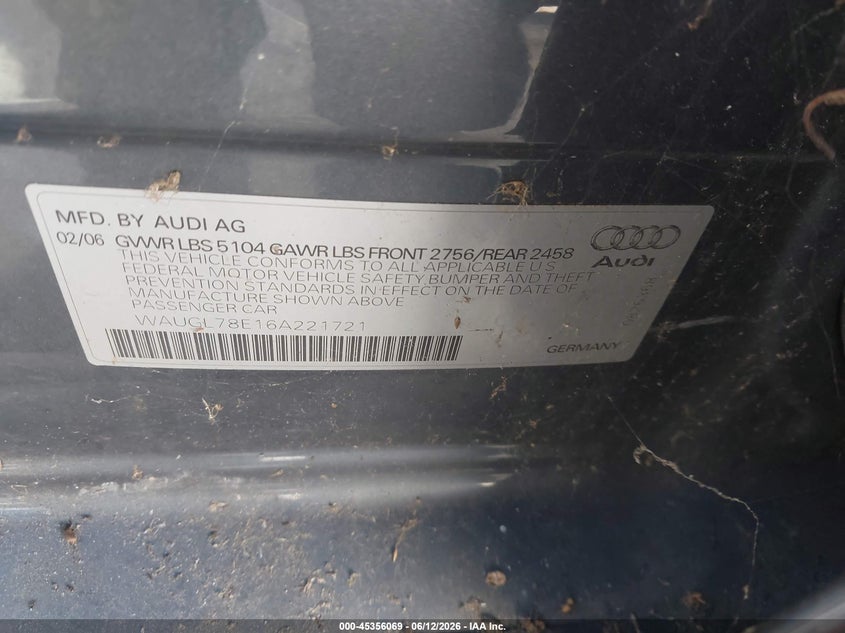 2006 Audi S4 VIN WAUGL78E16A221721 IAAI salvage auction — NORMAL WEAR, Clear - Dealer Only (California), sold $450 on 2026-07-09 (photo 9)