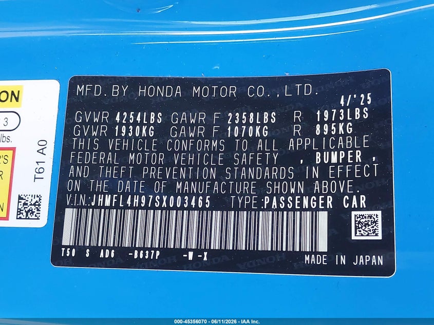 2025 Honda Civic VIN JHMFL4H97SX003465 IAAI salvage auction — FRONT END, Salvage Title, sold $5,700 on 2026-07-22 (photo 9)