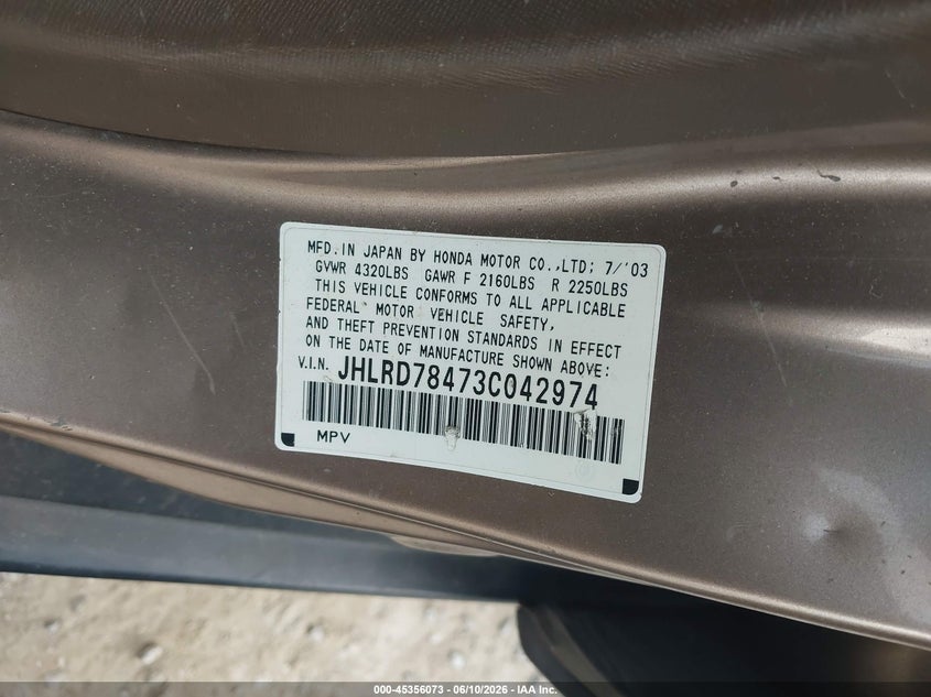 2003 Honda Cr-v VIN JHLRD78473C042974 IAAI salvage auction — NORMAL WEAR, Original (Ohio), sold $675 on 2026-07-08 (photo 9)