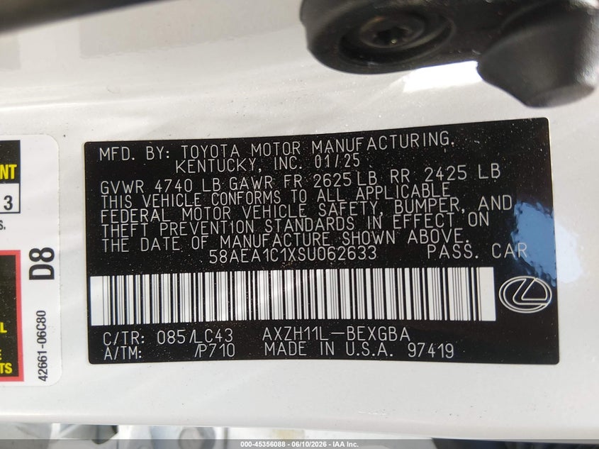 2025 Lexus ES 300h VIN 58AEA1C1XSU062633 IAAI salvage auction — Unknown, Salvage (California), sold $28,000 on 2026-07-05 (photo 9)