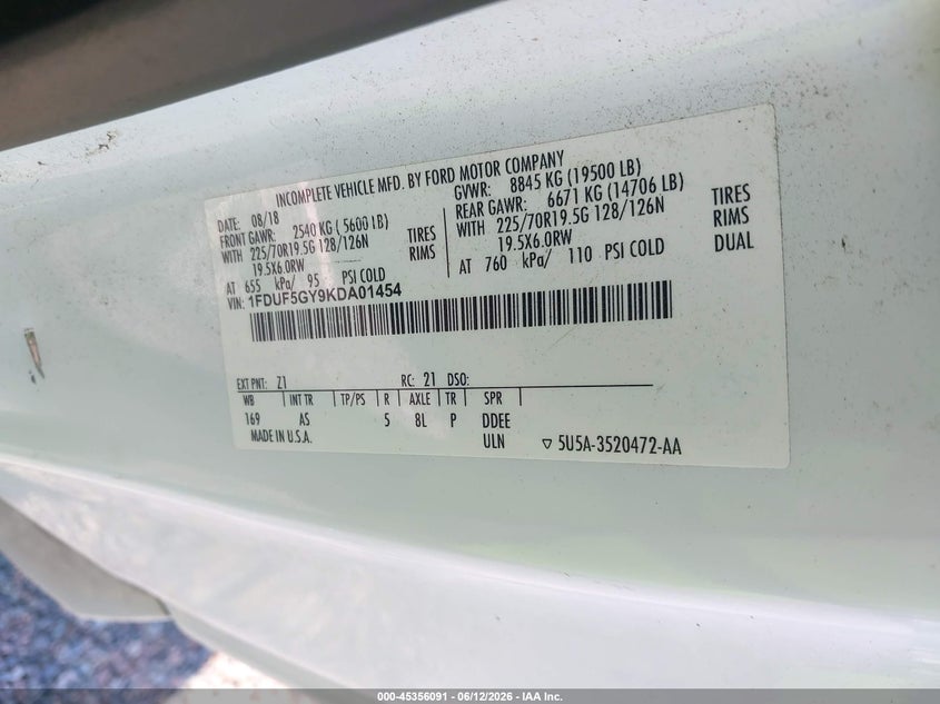 2019 Ford VIN 1FDUF5GY9KDA01454 IAAI salvage auction — FRONT END, Clear (North Carolina), sold $19,350 on 2026-07-29 (photo 8)