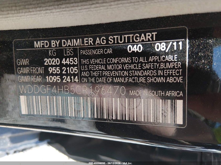 2012 Mercedes-benz C-klasse VIN WDDGF4HB5CR196470 IAAI salvage auction — WATER/FLOOD, Salvage Title, sold $425 on 2026-08-09 (photo 9)