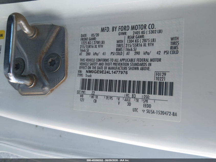 2020 Ford Transit connect VIN NM0GE9E24L1477976 IAAI salvage auction — NORMAL WEAR, Sf97 (Arizona), sold $25 on 2026-07-28 (photo 9)