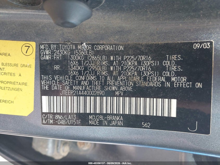 2004 Toyota Highlander VIN JTEEP21A440002890 IAAI salvage auction — NORMAL WEAR, Clear (Hawaii), sold $325 on 2026-07-14 (photo 9)