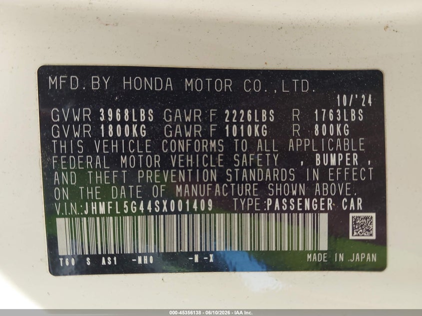 2025 Honda Civic VIN JHMFL5G44SX001409 IAAI salvage auction — RIGHT SIDE, Salvage Title, sold $9,100 on 2026-07-31 (photo 9)
