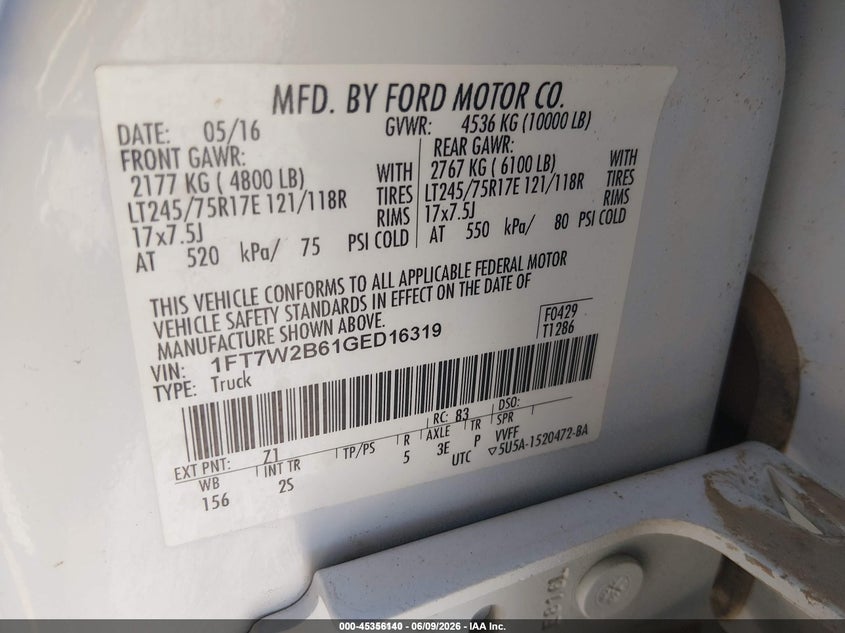 2016 Ford F-250 VIN 1FT7W2B61GED16319 IAAI salvage auction — NORMAL WEAR, Sf97 (Arizona), sold $17,100 on 2026-07-28 (photo 9)