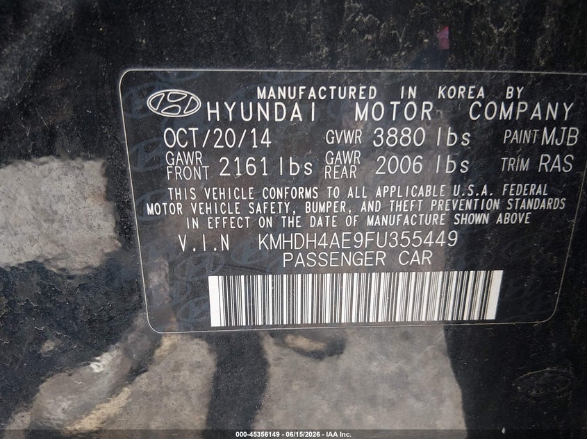 2015 Hyundai Elantra VIN KMHDH4AE9FU355449 IAAI salvage auction — NORMAL WEAR, Clear (Maryland), sold $825 on 2026-07-17 (photo 9)