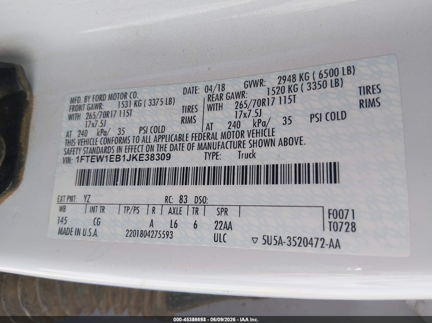 2018 Ford F-150 VIN 1FTEW1EB1JKE38309 IAAI salvage auction — NORMAL WEAR, Sf97 (Arizona), sold $18,600 on 2026-07-28 (photo 9)