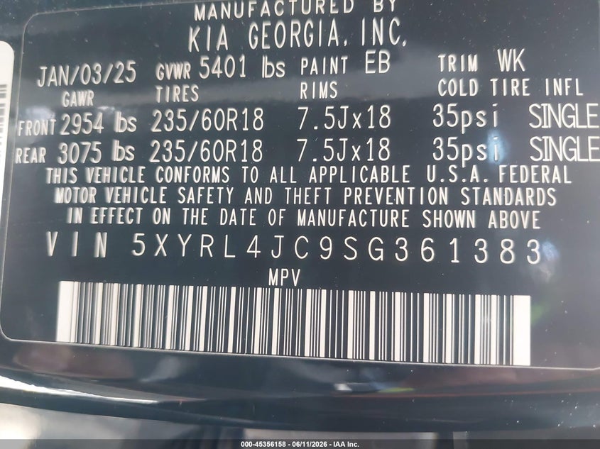 2025 Kia Sorento VIN 5XYRL4JC9SG361383 IAAI salvage auction — FRONT END, Salvage Title, sold $11,700 on 2026-08-24 (photo 9)