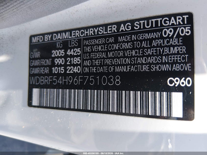 2006 Mercedes-benz C class VIN WDBRF54H96F751038 IAAI salvage auction — NORMAL WEAR, Clear (Nevada), sold $250 on 2026-07-31 (photo 9)