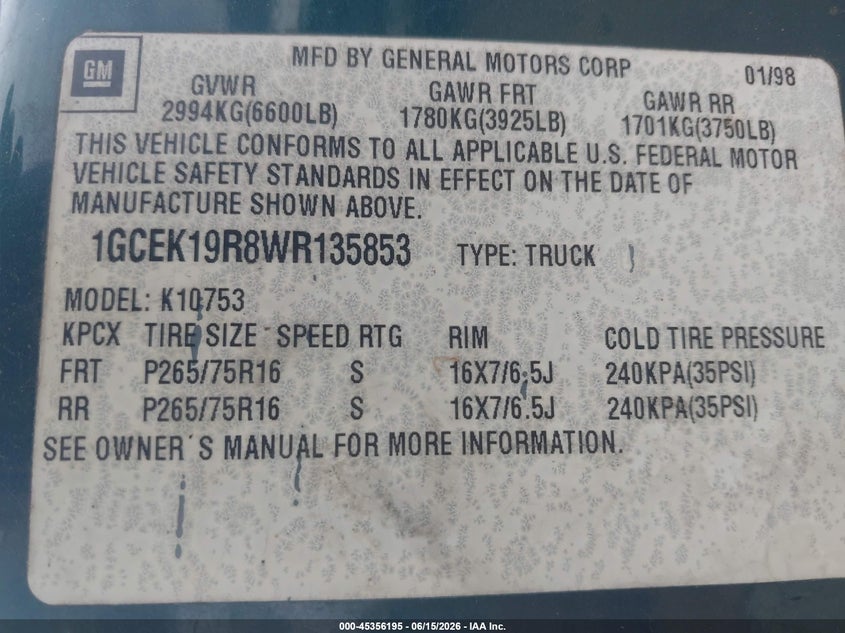 1998 Chevrolet C/k 1500 VIN 1GCEK19R8WR135853 IAAI salvage auction — NORMAL WEAR, Clear (Mississippi), sold $425 on 2026-07-16 (photo 9)