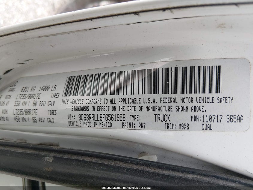 2015 Ram 3500 VIN 3C63RRLL8FG561958 IAAI salvage auction — SIDE, Salvage (Texas), sold $4,700 on 2026-07-27 (photo 9)