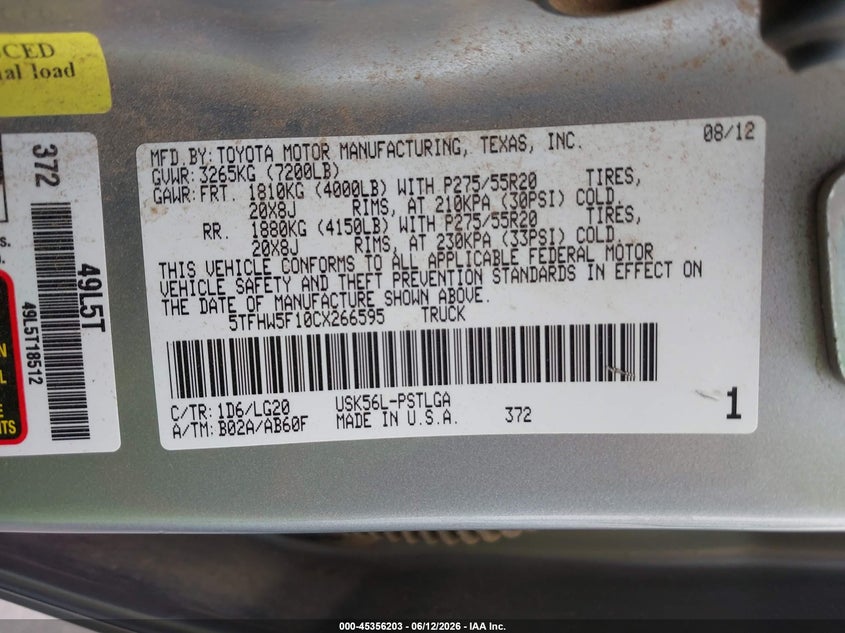 2012 Toyota Tundra VIN 5TFHW5F10CX266595 IAAI salvage auction — LEFT & RIGHT, Original (Texas), sold $5,500 on 2026-07-23 (photo 9)