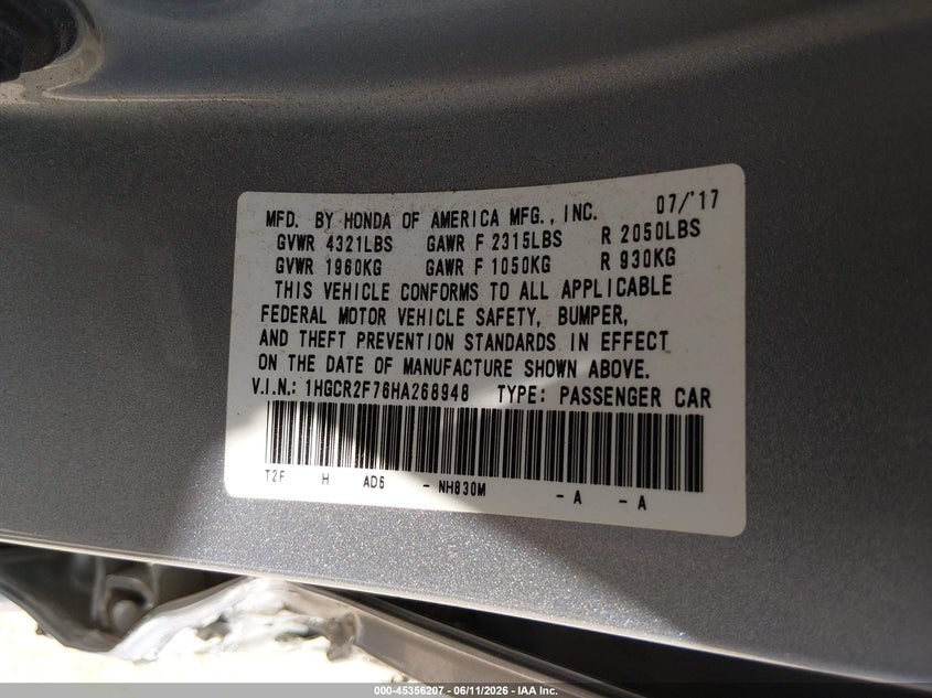 2017 Honda Accord VIN 1HGCR2F76HA268948 IAAI salvage auction — ALL OVER, Salvage (Arizona), sold $1,550 on 2026-07-09 (photo 9)