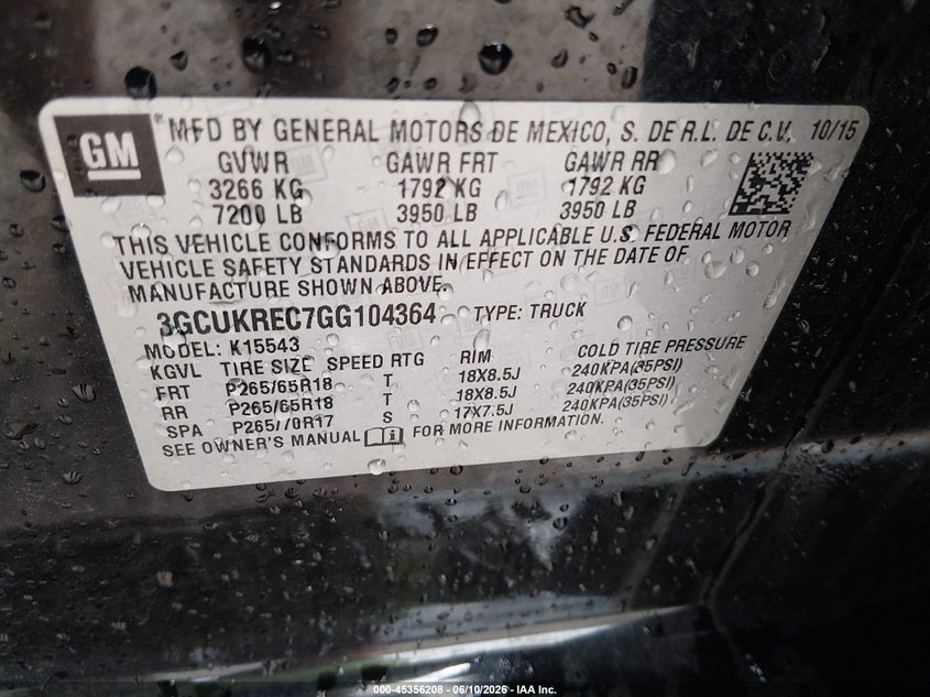 2016 Chevrolet Silverado VIN 3GCUKREC7GG104364 IAAI salvage auction — HAIL, Salvage (Kansas), sold $9,550 on 2026-07-24 (photo 9)