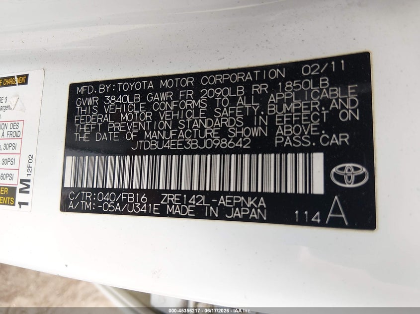 2011 Toyota Corolla VIN JTDBU4EE3BJ098642 IAAI salvage auction — REAR END, Clear (Massachusetts), sold $1,650 on 2026-07-31 (photo 9)