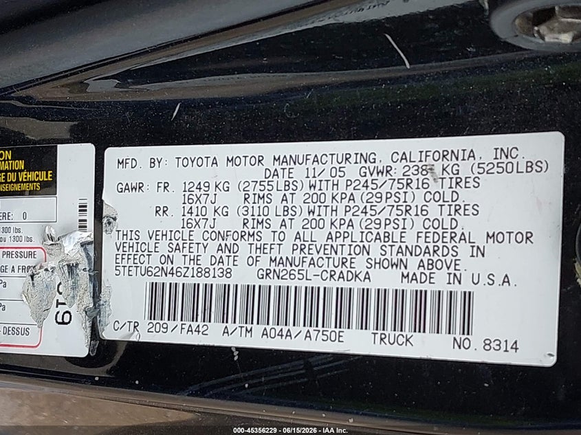 2006 Toyota Tacoma VIN 5TETU62N46Z188138 IAAI salvage auction — FRONT END, Salvage (Texas), sold $2,900 on 2026-07-07 (photo 9)