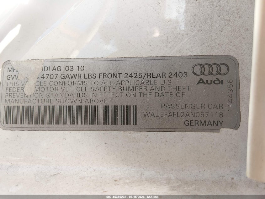 2010 Audi A4 VIN WAUEFAFL2AN057118 IAAI salvage auction — FRONT END, Salvage (Arizona), sold $600 on 2026-07-07 (photo 9)