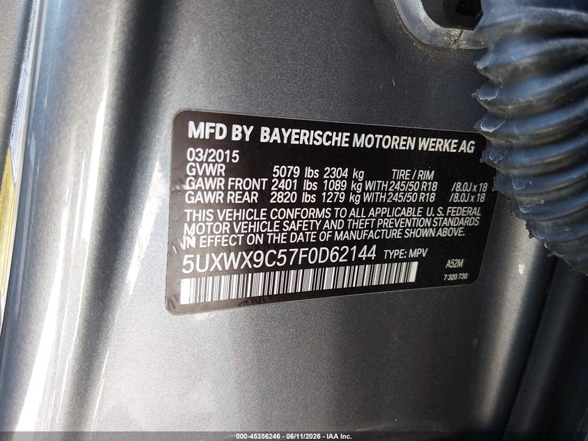 2015 BMW X3 VIN 5UXWX9C57F0D62144 IAAI salvage auction — FRONT END, Bill Of Sale (Washington), sold $1,125 on 2026-07-15 (photo 9)