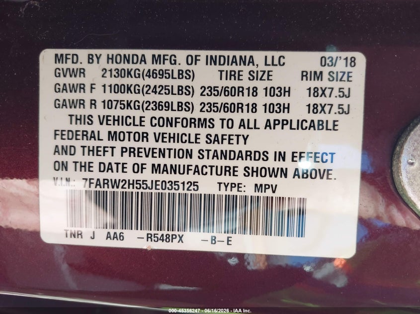 2018 Honda Cr-v VIN 7FARW2H55JE035125 IAAI salvage auction — REAR END, Mv-907A (New York), sold $8,750 on 2026-07-28 (photo 9)