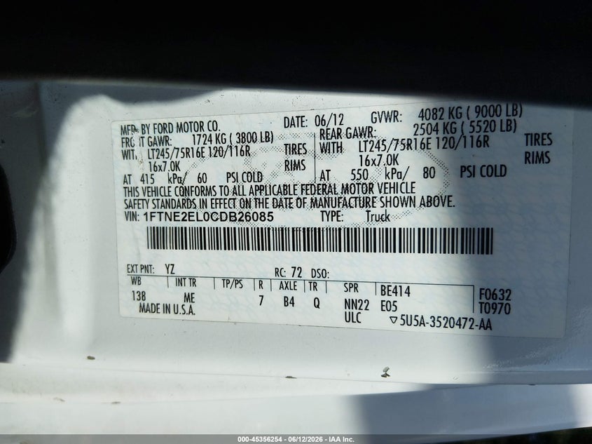 2012 Ford E 250 VIN 1FTNE2EL0CDB26085 IAAI salvage auction — NORMAL WEAR, Original (Texas), sold $875 on 2026-07-08 (photo 9)