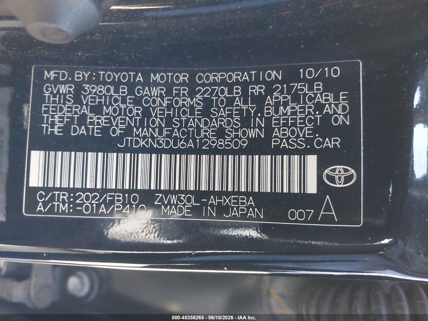 2010 Toyota Prius VIN JTDKN3DU6A1298509 IAAI salvage auction — NORMAL WEAR, Clear - Dealer Only (California), sold $825 on 2026-07-15 (photo 9)