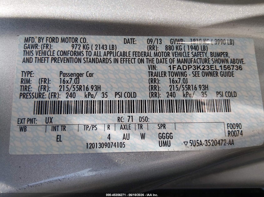 2014 Ford Focus VIN 1FADP3K23EL156736 IAAI salvage auction — NORMAL WEAR, Clear (Arizona), sold $275 on 2026-07-31 (photo 9)