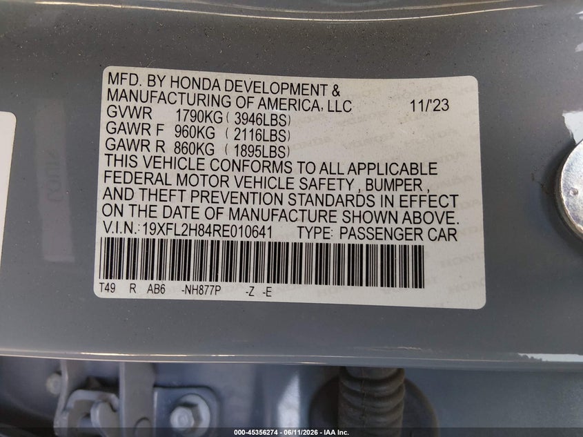 2024 Honda Civic VIN 19XFL2H84RE010641 IAAI salvage auction — SIDE, Salvage Title, sold $6,300 on 2026-07-23 (photo 9)