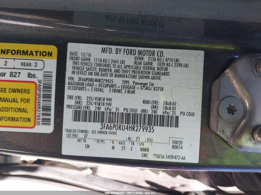 2017 Ford Fusion VIN 3FA6P0RU4HR279935 IAAI salvage auction — LEFT FRONT, Bill Of Sale (Washington), sold $2,600 on 2026-07-05 (photo 9)