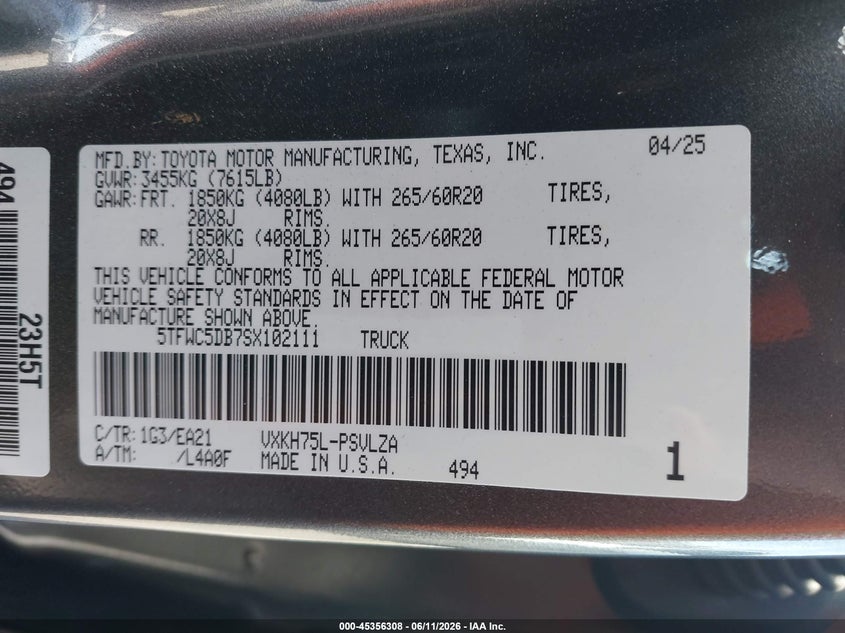 2025 Toyota Tundra VIN 5TFWC5DB7SX102111 IAAI salvage auction — REAR END, Salvage Title, sold $26,550 on 2026-07-23 (photo 9)